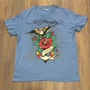 Ed Hardy Blue Tee with Bold Rose & Anchor Sz L